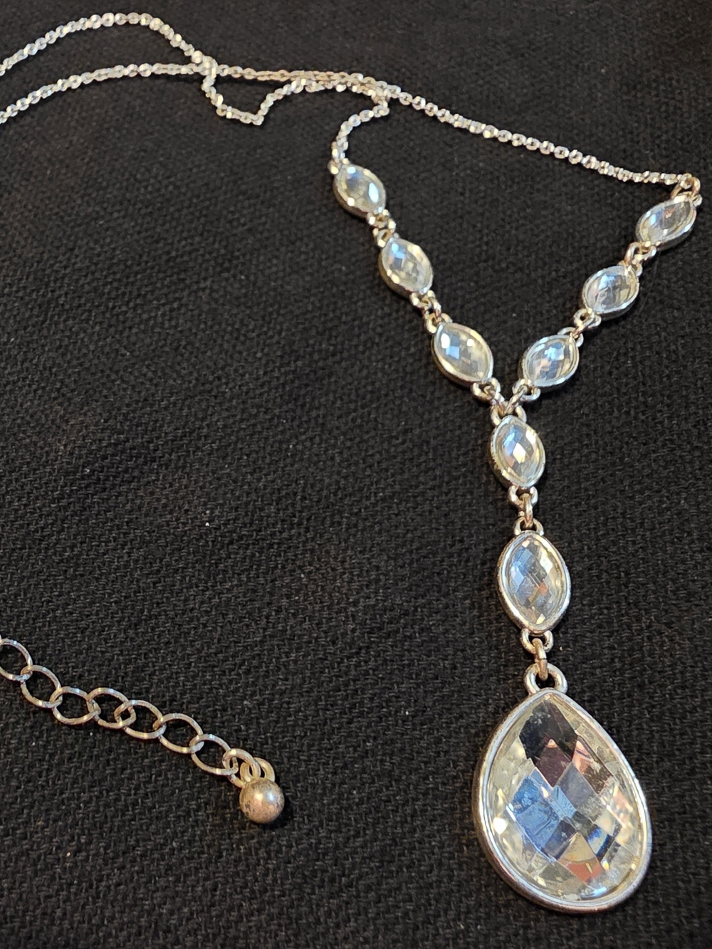 Vintage Avon Silver Tone Y-Drop Necklace with Faceted Glass Teardrop Pendant